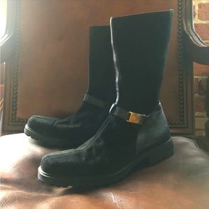 GIANNI VERSACE] Logo Black Leather Suede Gold Metal Combat Boots